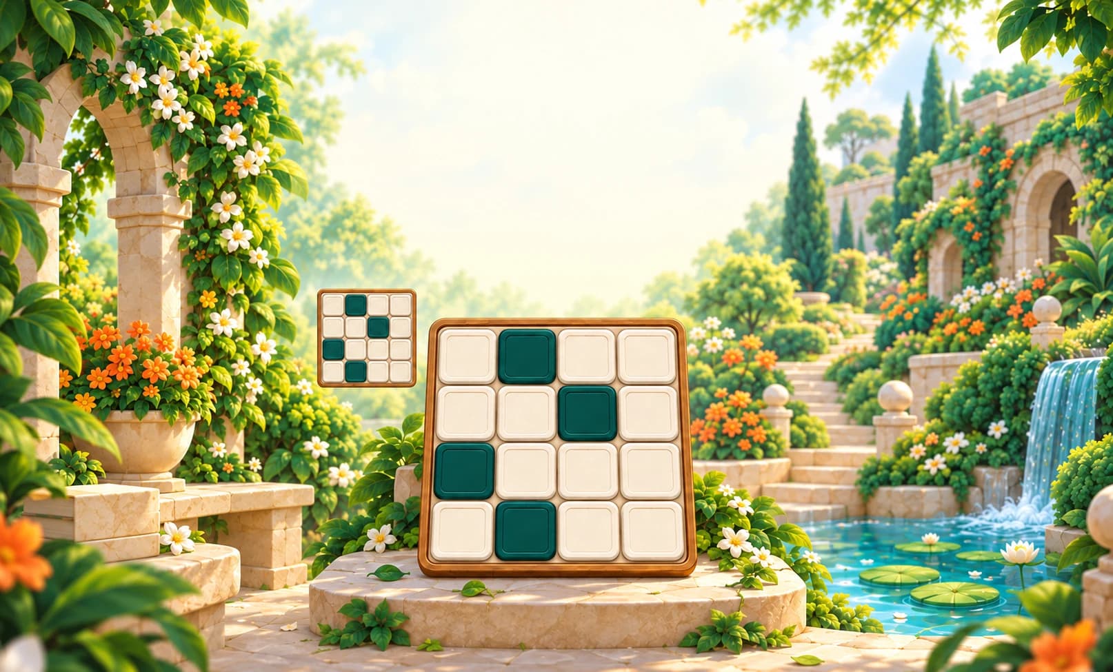 A cream and teal matching puzzle in a sunlit garden, surrounded by flowers, stone arches and a flowing stream.